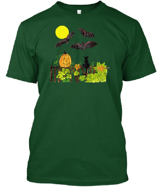 Bats flying, the cat watching while Pumpkins lay on the ground all under the moon on Halloween night on a T-Shirt.  Art work by Sharon Cyboron Leaman  
