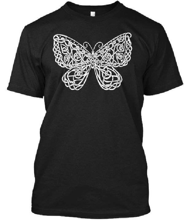 A celtic knotwork style butterfly on a t-shirt.  Art Work by Sharon Cyboron Leaman