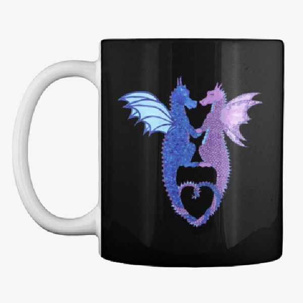 Two Dragons facing one another with their tails twisted together to form a heart on a Mug. Art work by Sharon Cyboron Leaman