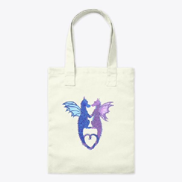 A tote bag with the image of Two Dragons facing one another with their tails twisted together to form a heart.  Art work by Sharon Cyboron Leaman