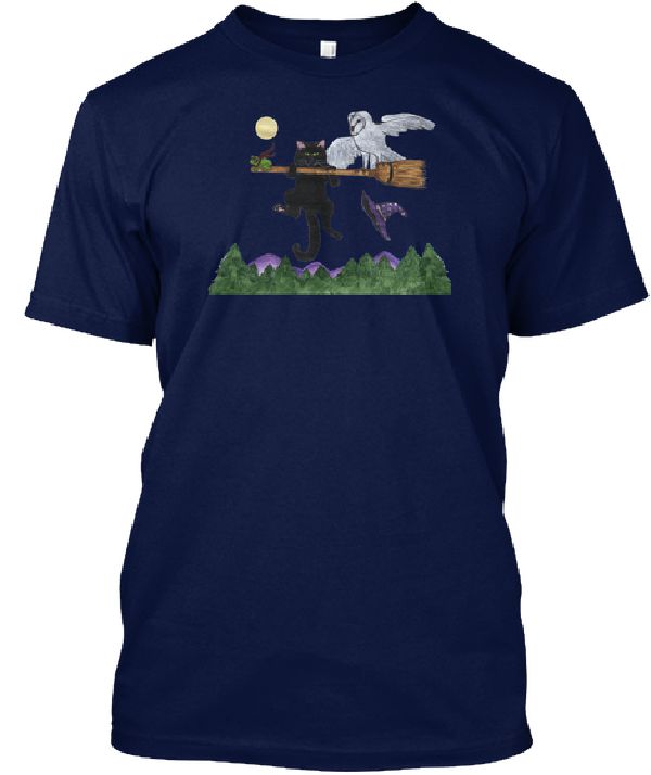 A cat dangling from a witch’s broom, a frog on the lookout and an Owl trying to fly the broom.  Out for a joy ride on Halloween night On a T-shirt.  Art work by Sharon Cyboron Leaman
