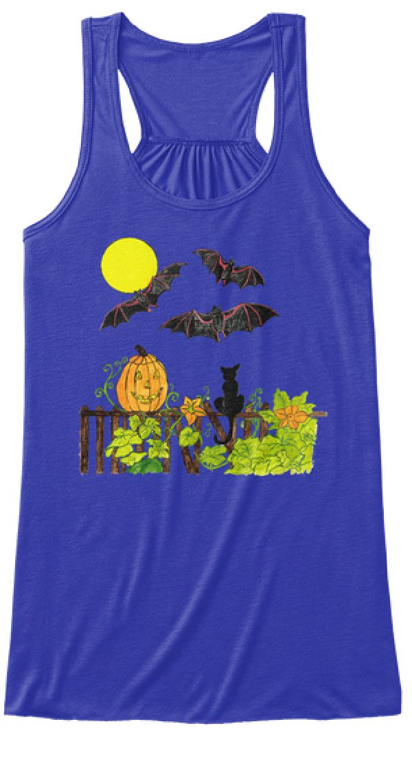 Bats flying, the cat watching while Pumpkins lay on the ground all under the moon on Halloween night on a Tank Top.  Art work by Sharon Cyboron Leaman  
