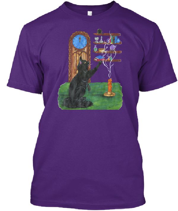 A cat watches the smoke from the candle which reveals the image of a spirit cat on a T-Shirt.  Art work by Sharon Cyboron Leaman  