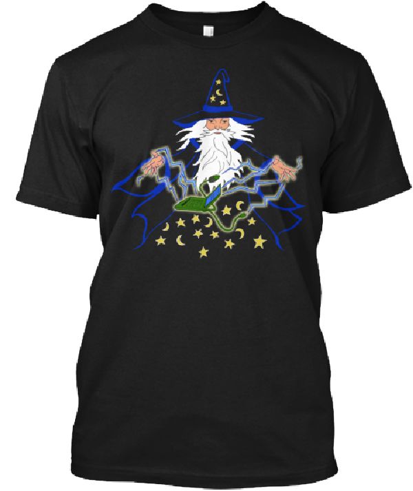 The computer wizard shoot electricity out of his fingers and magically the computer functions.  On a black t-shirt with Blue cloak.  Art work by Sharon Cyboron Leaman