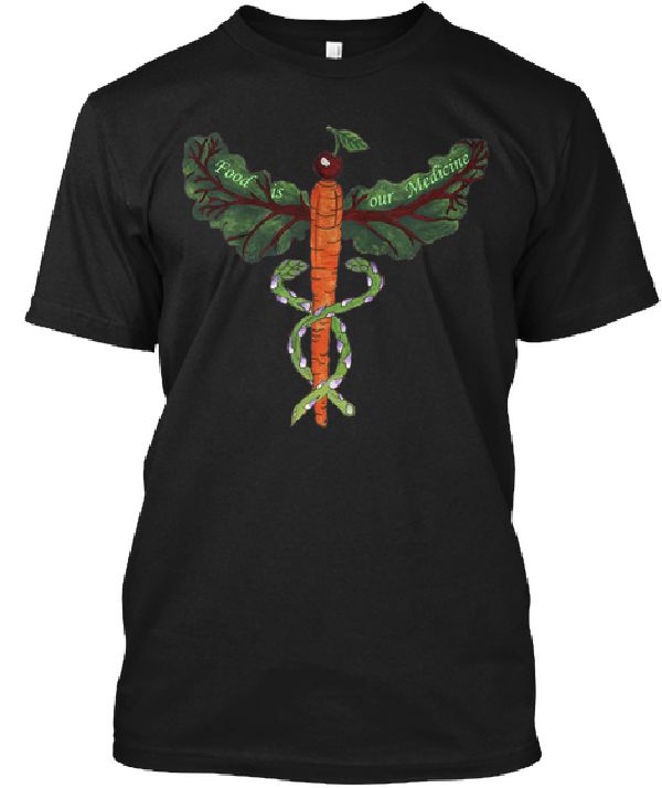 A Caduceus, the medical symbol, made of fruits and vegetables.  A cherry on top of a Carrot, with asparagus wrapping around.  Ruby Chard makes the wings and the phrase “Food is our Medicine” is written within.    