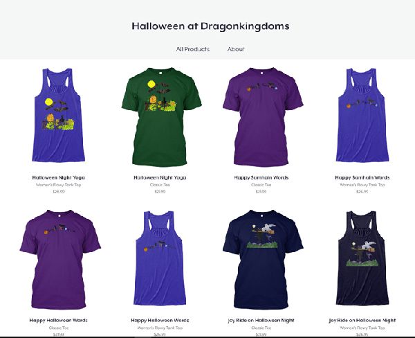 The front page of Halloween at Dragonkingdoms store at Teespring
